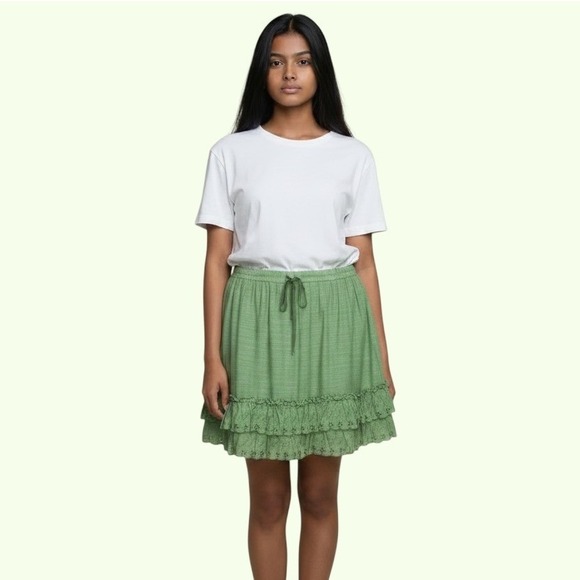 Sophie Max Dresses & Skirts - Sophie Max Max Studio Green‎ Eyelet Ruffle Mini Skirt NWT Verde Cotton Sz M